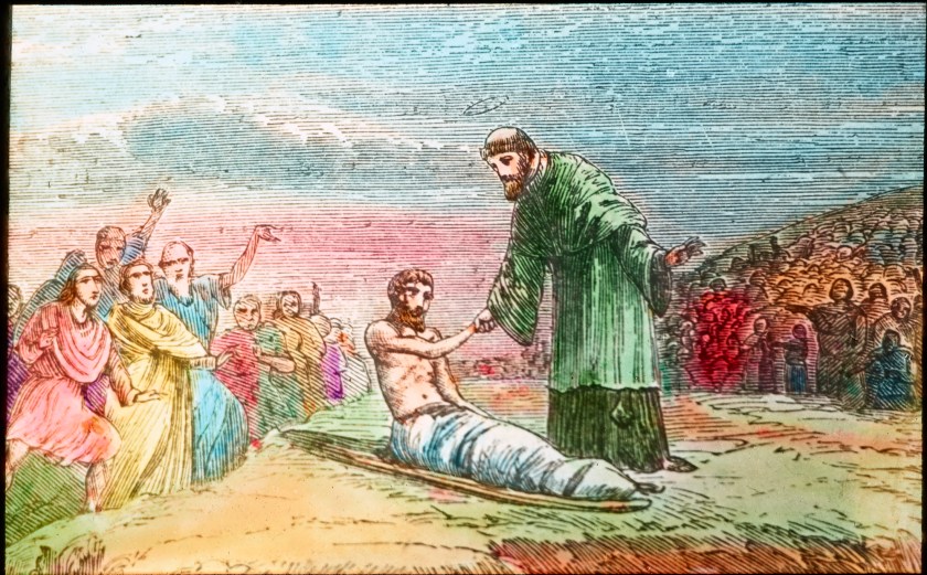 The picture shows the lame man who was told to pick up his bed and walk. It encourages readers to have faith and to trust God unconditionally.